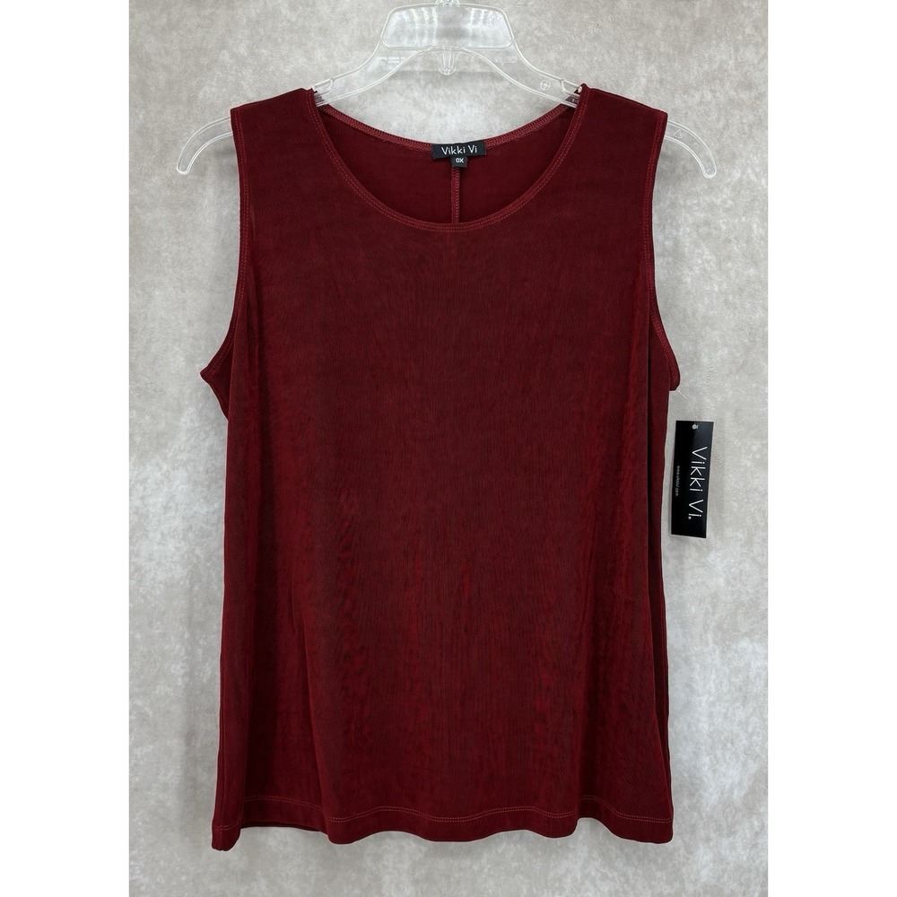 Vikki Vi Textured Ribbed Stretch Sleeveless Tank Top 0X Dark Red Made in USA NWT